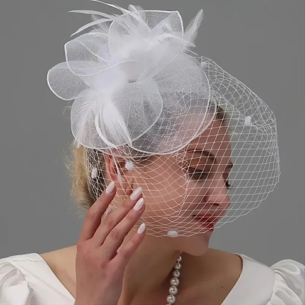 Birdcage Wedding Veil Fascinator With Feather Accent With Headband and Hair Clip
